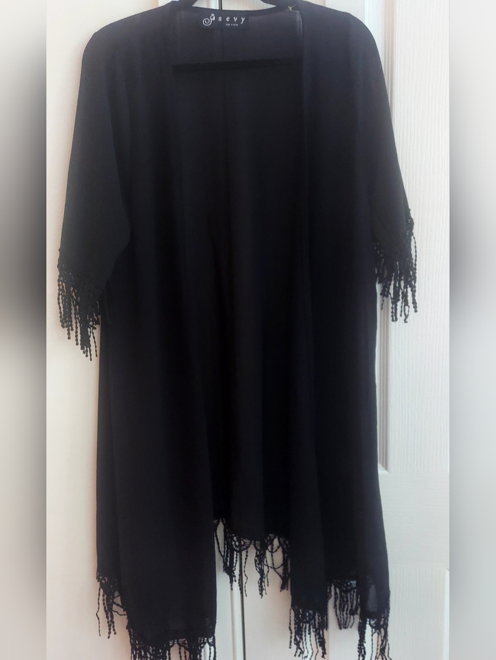 Black Fringe Kimono Cardigan - Women Sweater. OS - Picture 4 of 4